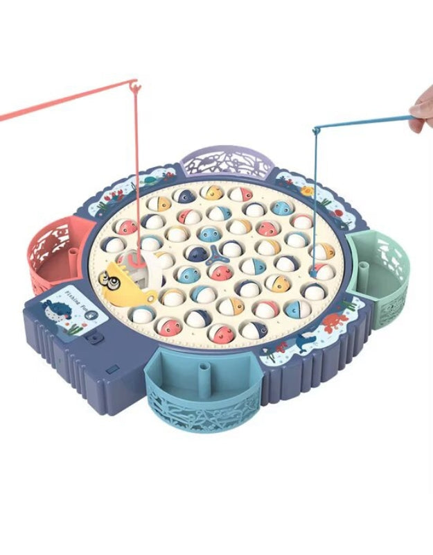 The complete electric fishing toy set, including the spinning game base with multiple fish, and two fishing rods on a white background